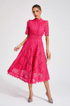Women lace midi dress A-line fit and flare with mock neck and cutout waist