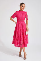 Women lace midi dress A-line fit and flare with mock neck and cutout waist