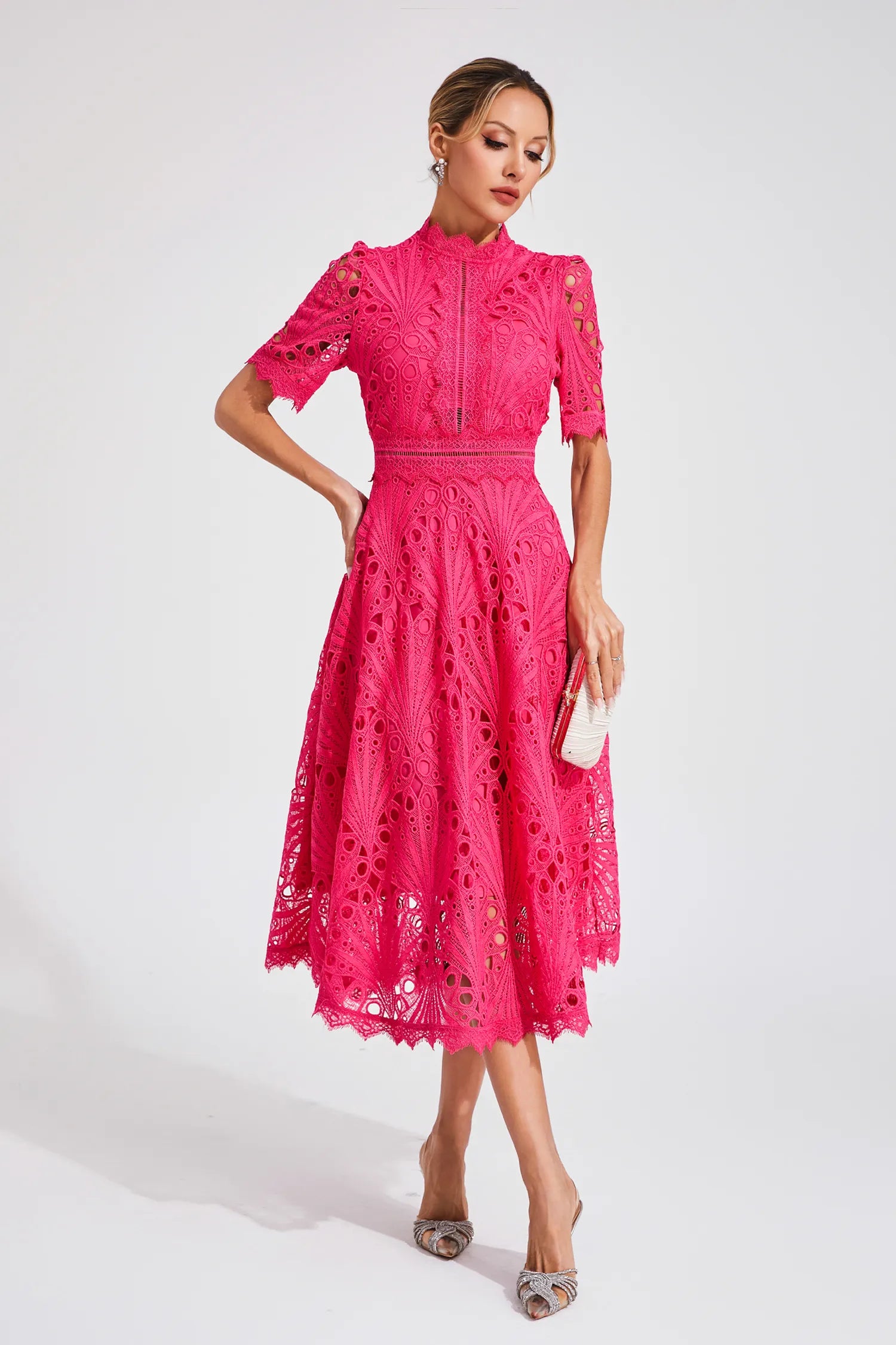 Women lace midi dress A-line fit and flare with mock neck and cutout waist