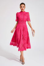 Women lace midi dress A-line fit and flare with mock neck and cutout waist