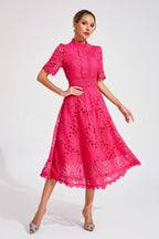 Women lace midi dress A-line fit and flare with mock neck and cutout waist