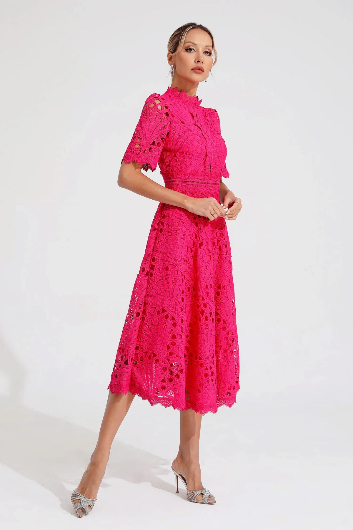 Women lace midi dress A-line fit and flare with mock neck and cutout waist