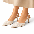 Women mesh mule heels floral embroidered pointed toe slip-on style