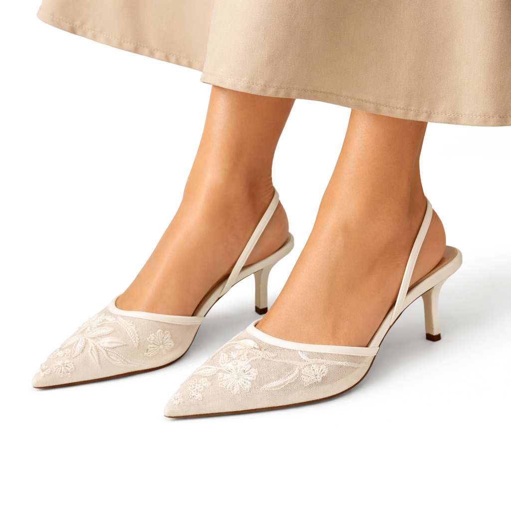 Women mesh mule heels floral embroidered pointed toe slip-on style