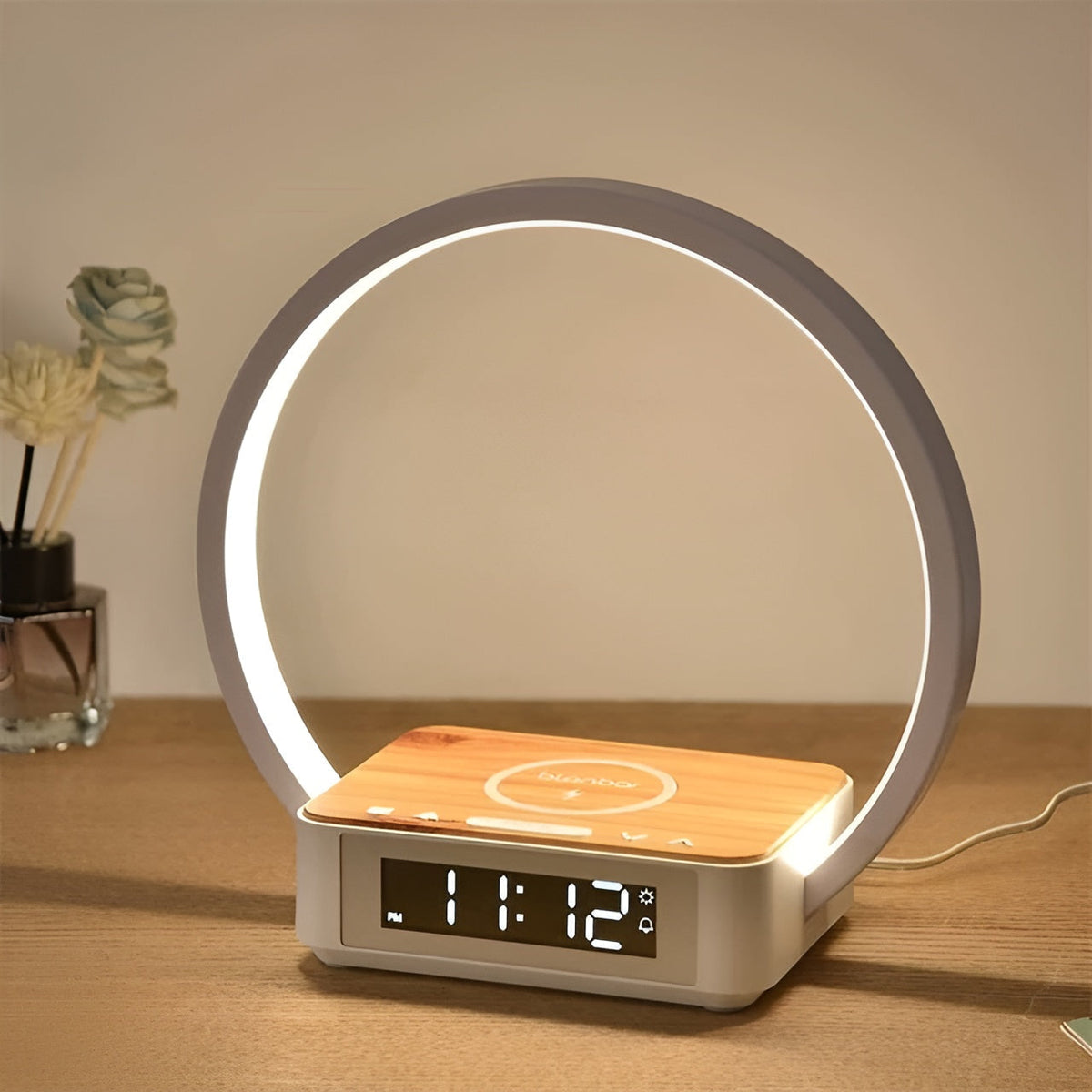 Table lamp with wireless Qi charging, digital alarm clock and touch-controlled LED light