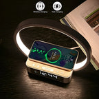 Table lamp with wireless Qi charging, digital alarm clock and touch-controlled LED light