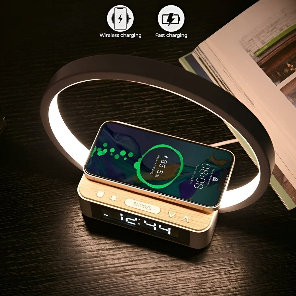 Table lamp with wireless Qi charging, digital alarm clock and touch-controlled LED light