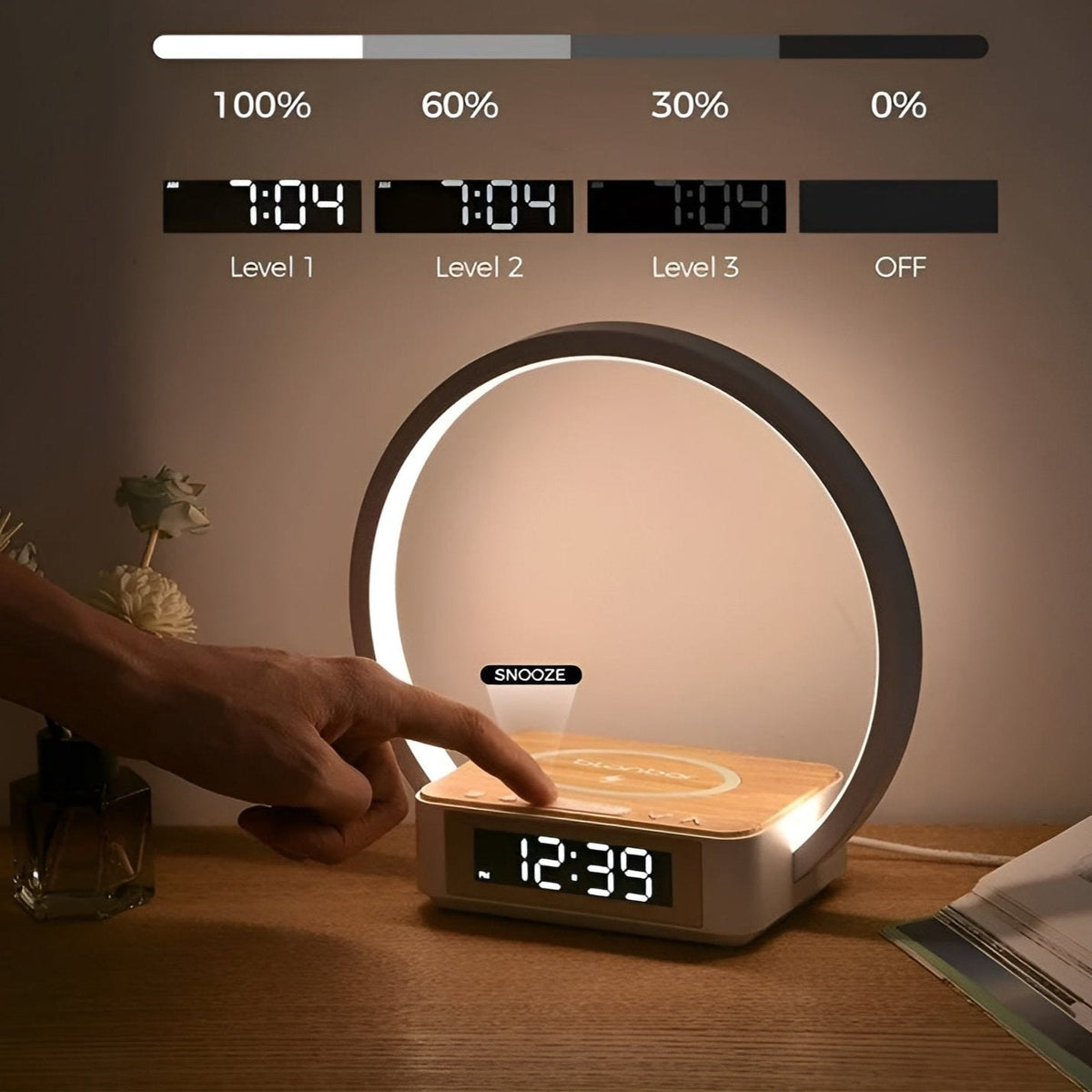 Table lamp with wireless Qi charging, digital alarm clock and touch-controlled LED light