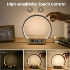 Table lamp with wireless Qi charging, digital alarm clock and touch-controlled LED light