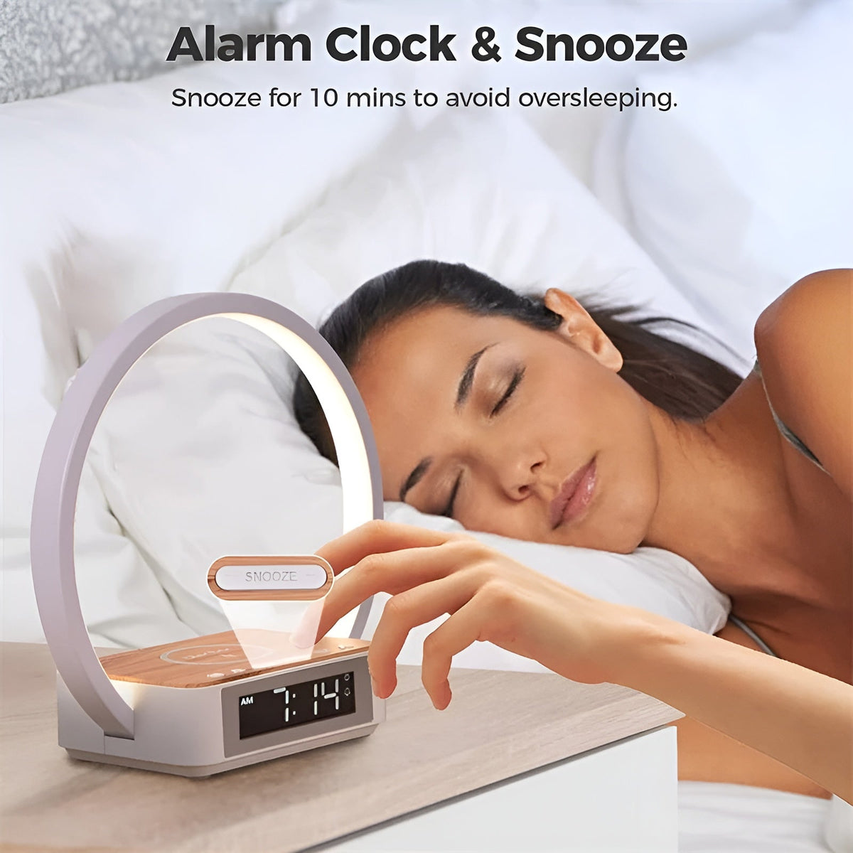 Table lamp with wireless Qi charging, digital alarm clock and touch-controlled LED light