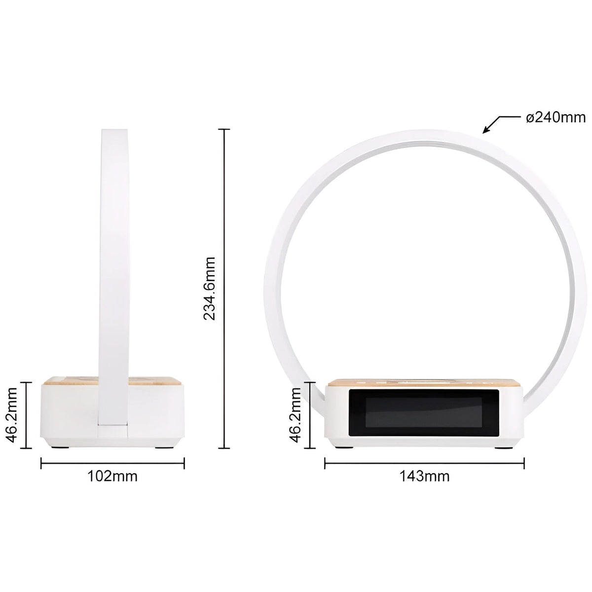 Table lamp with wireless Qi charging, digital alarm clock and touch-controlled LED light