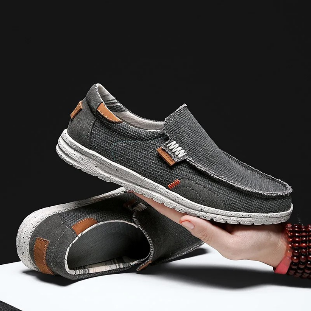 Canvas slip-on loafers with cushioned insole in khaki blue and grey