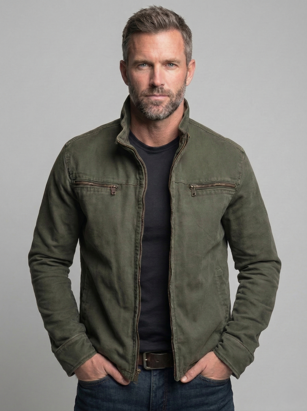 Men heritage field jacket olive green relaxed fit with multiple pockets