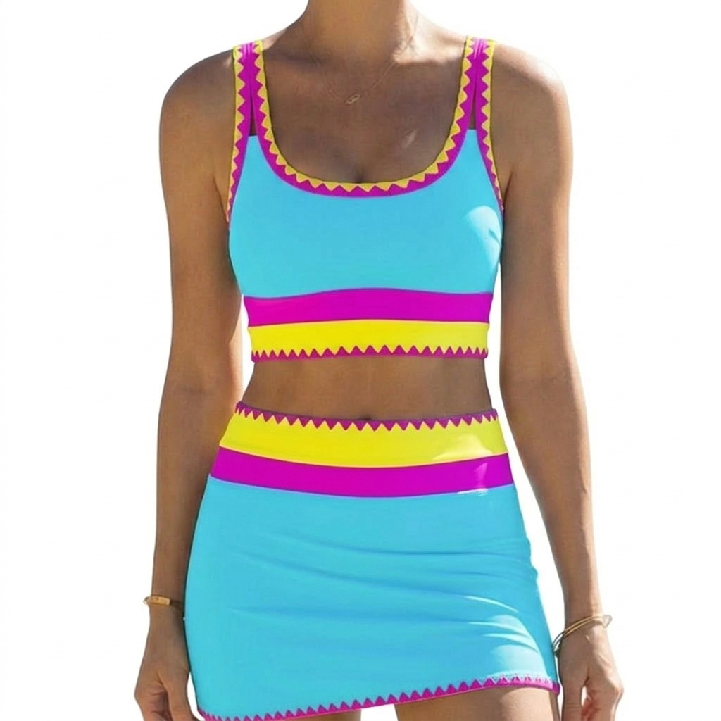 Women 3 Piece Bikini Set Color Block Sporty Zigzag Trim | Faye