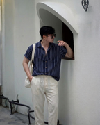 Men's linen shirt and pants set, breathable summer two-piece outfit in navy, white and black