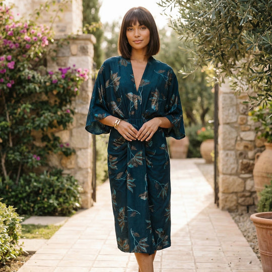 Floral Midi Dress | Jade Shimmer, Ruched Waist Knit | Stretch Fit Slit Dress
