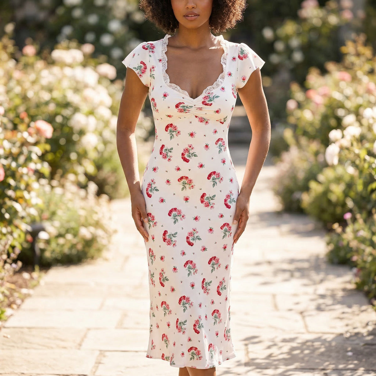 Lace Midi Dress | Cherry Red Flounce Sleeve Sheer Neck Romantic Dress
