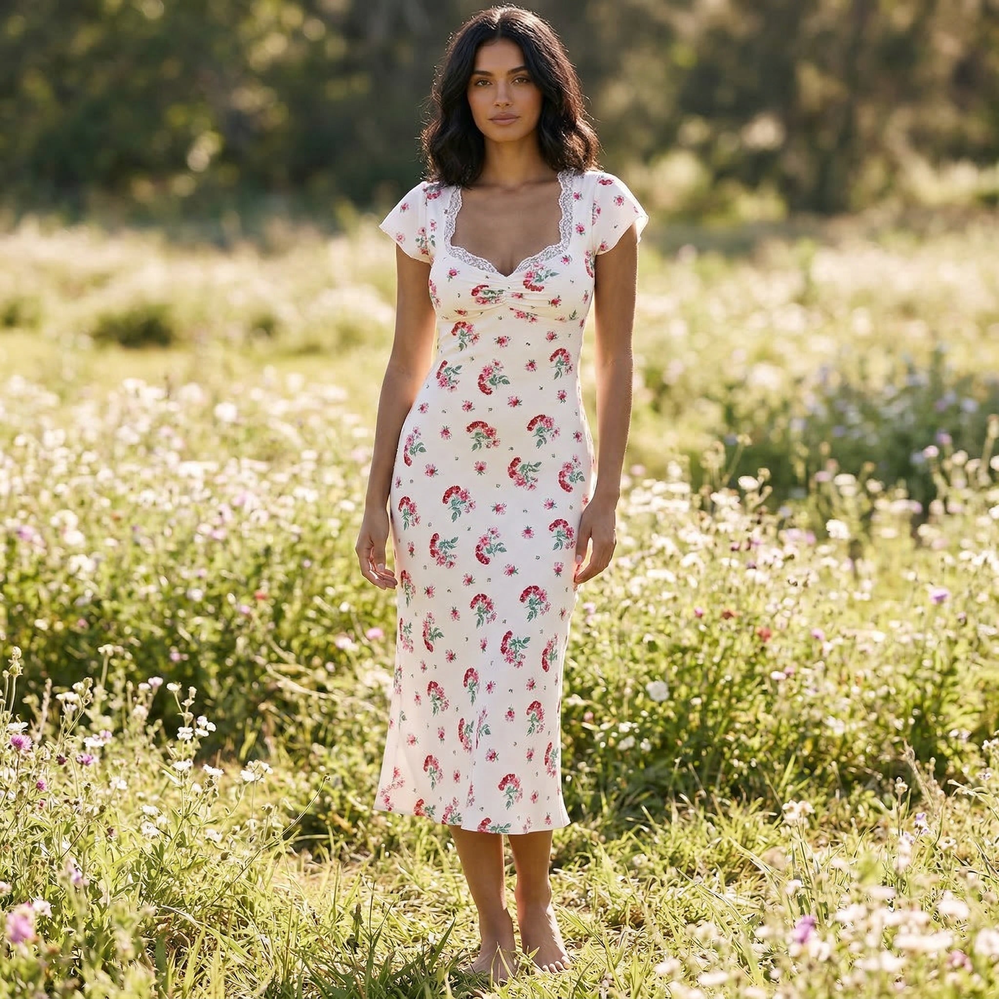 Lace Midi Dress | Cherry Red Flounce Sleeve Sheer Neck Romantic Dress