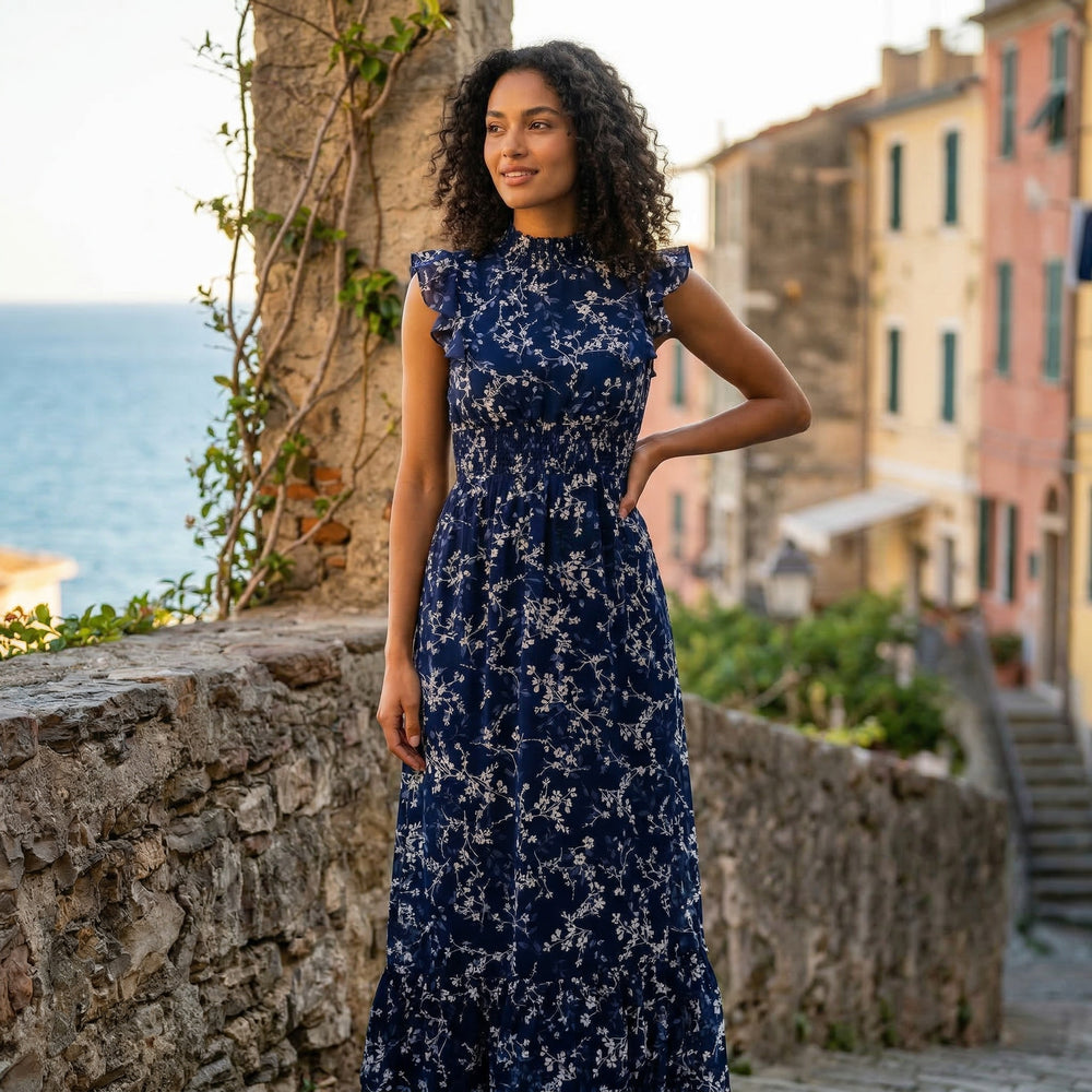 Floral Maxi Dress | Blue Floral, Chiffon, Smocked Waist | Flutter Sleeve, Ruffle