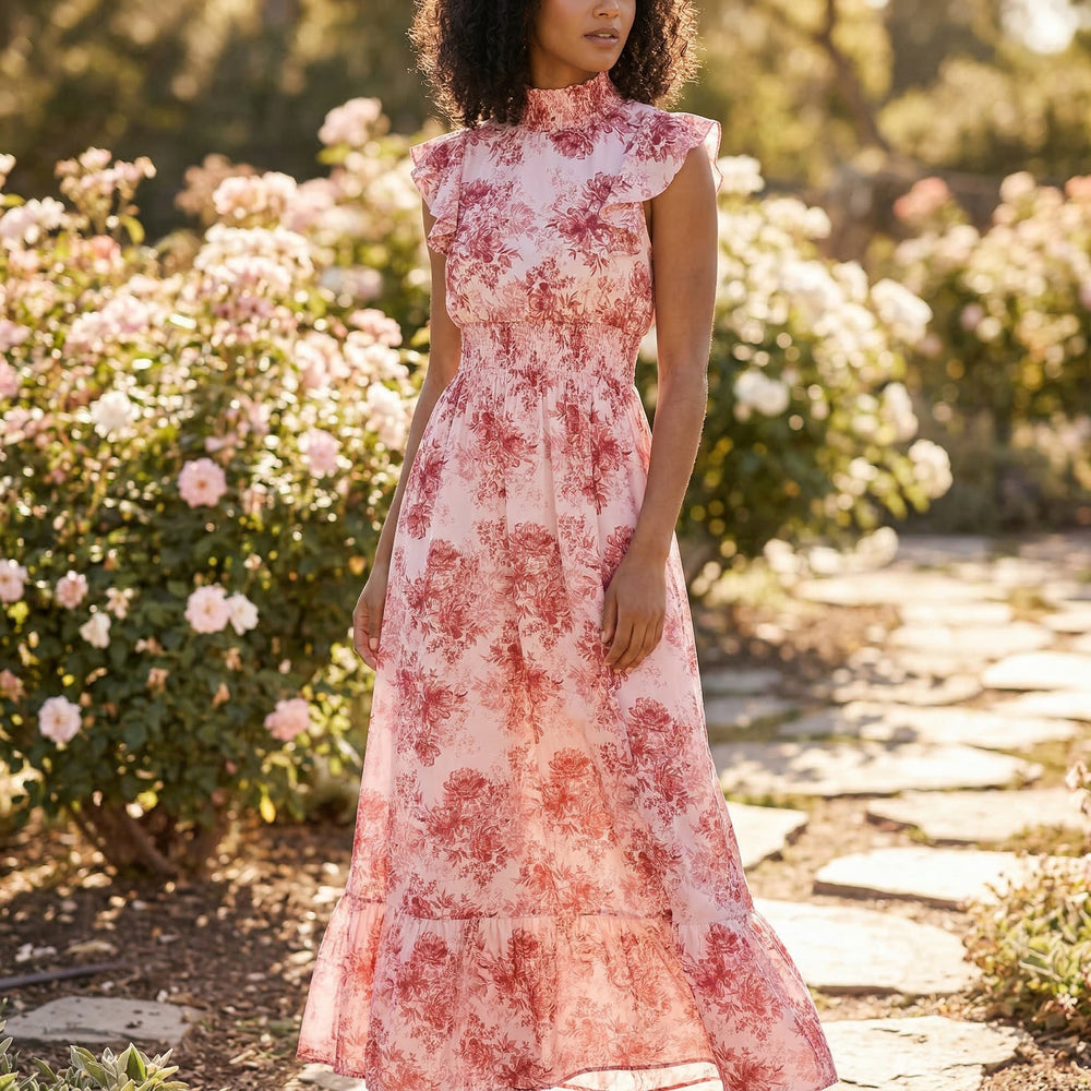 Maxi Dress | Pink Floral Smocked Waist | Chiffon Ruffle Flutter Sleeve