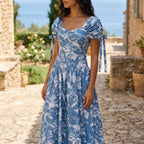 Floral Maxi Dress | Blue Sweetheart Puff Sleeve Drop Waist Elegant Dress