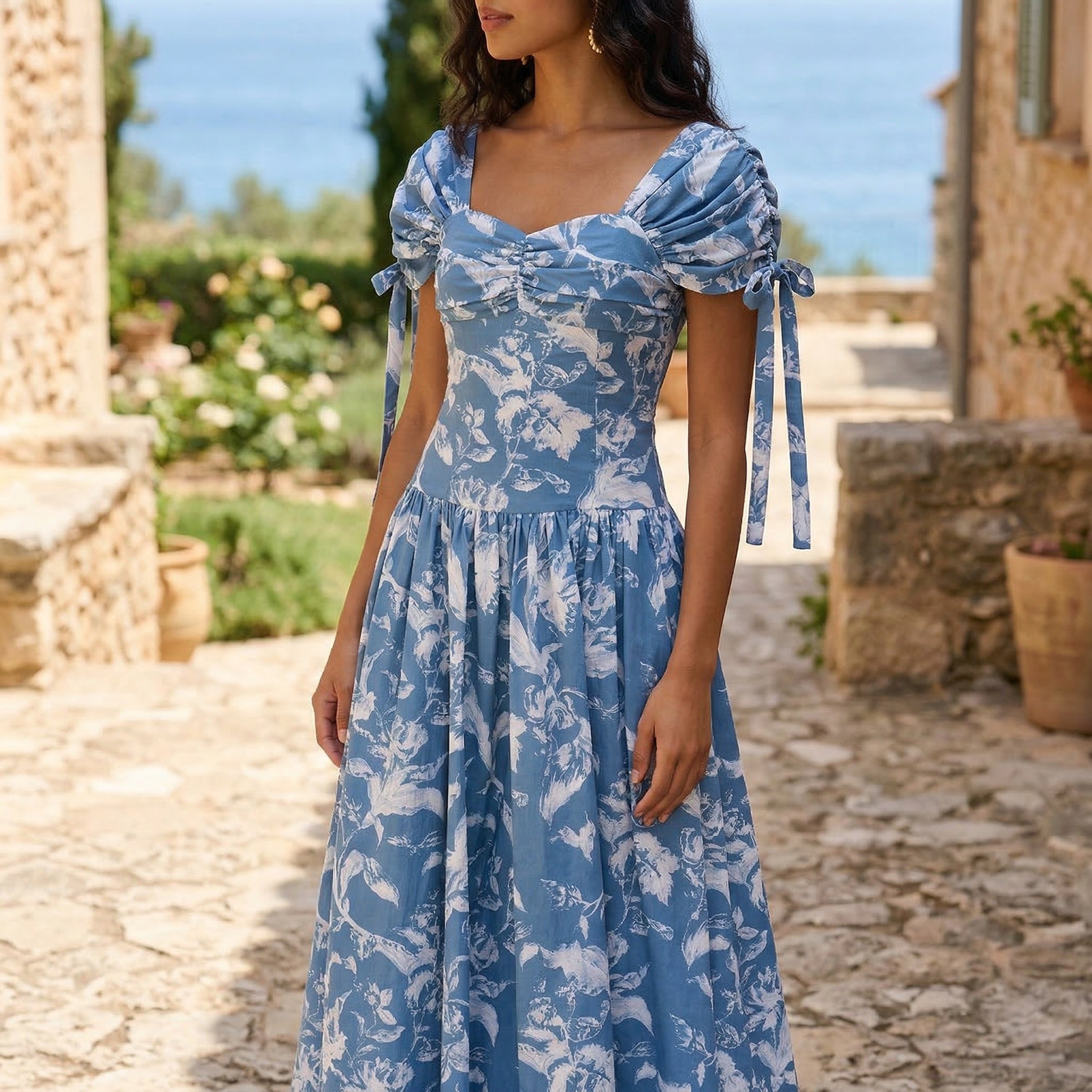Floral Maxi Dress | Blue Sweetheart Puff Sleeve Drop Waist Elegant Dress
