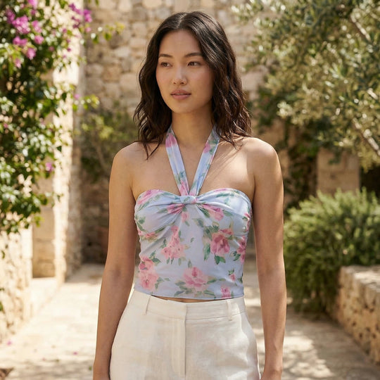 Halter Top | Floral Chiffon, Watercolor Print | Front Knot, Smocked Back