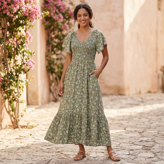 Floral Smocked Dress | Green Floral Rayon, Relaxed Fit | Flutter Sleeve Maxi