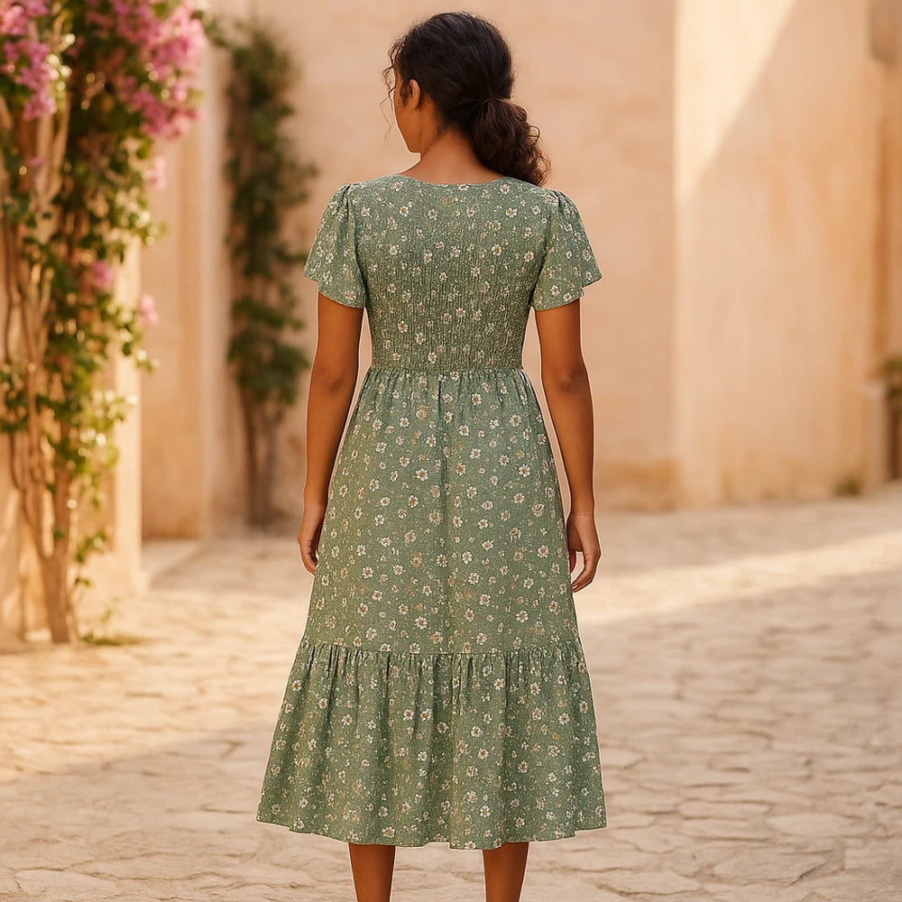 Floral Smocked Dress | Green Floral Rayon, Relaxed Fit | Flutter Sleeve Maxi