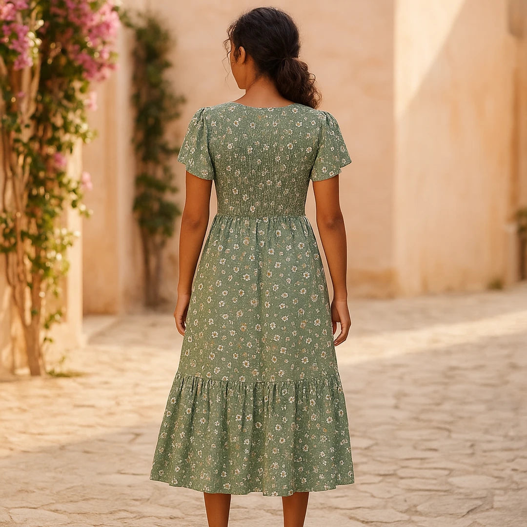 Floral Smocked Dress | Green Floral Rayon, Relaxed Fit | Flutter Sleeve Maxi