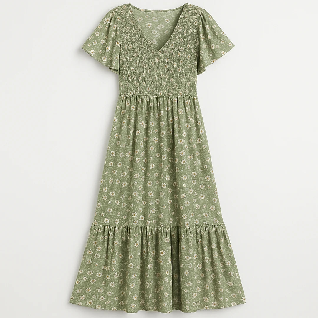 Floral Smocked Dress | Green Floral Rayon, Relaxed Fit | Flutter Sleeve Maxi