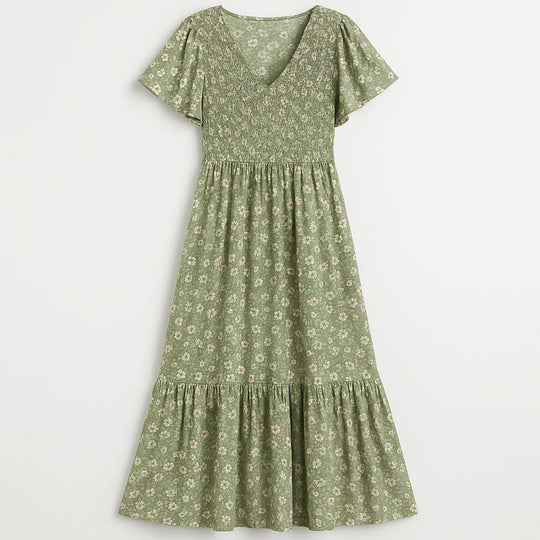 Floral Smocked Dress | Green Floral Rayon, Relaxed Fit | Flutter Sleeve Maxi