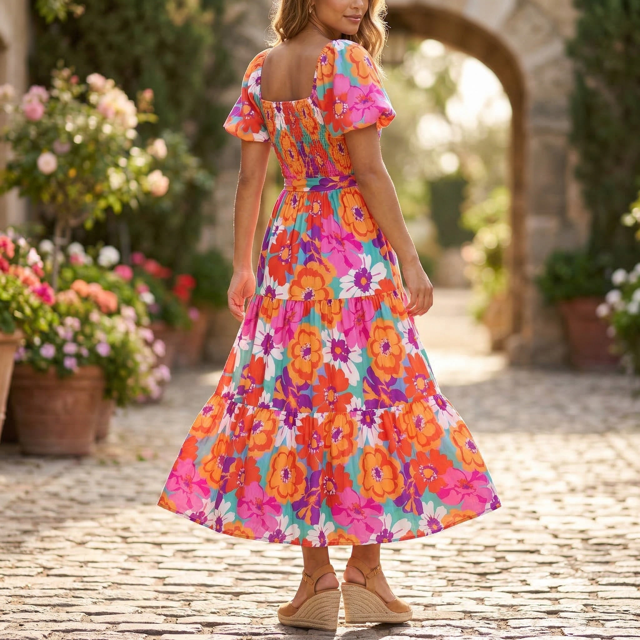 Floral Maxi Dress | Multi Floral, Smocked Bodice, Polyester | Waist Tie Maxi