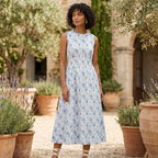Floral Maxi Dress | Blue Toile High Neck Pintuck Waist Elegant Dress