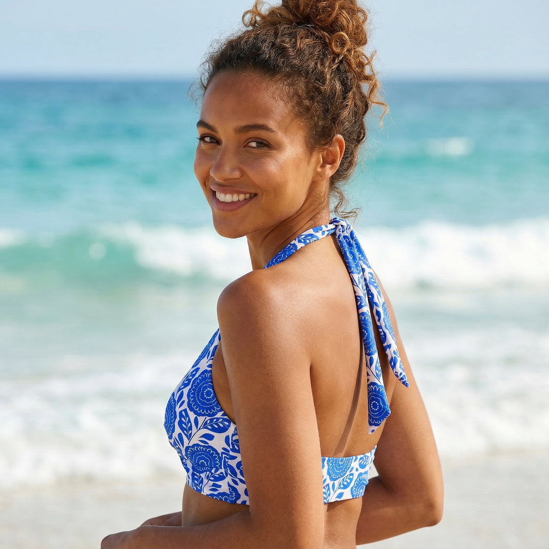 Halter Bikini Top | Blue Floral Twist Front Adjustable Halterneck Swimwear