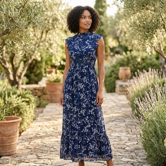 Floral Maxi Dress | Blue Floral, Chiffon, Smocked Waist | Flutter Sleeve, Ruffle