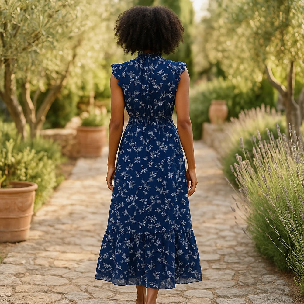 Floral Maxi Dress | Blue Floral, Chiffon, Smocked Waist | Flutter Sleeve, Ruffle