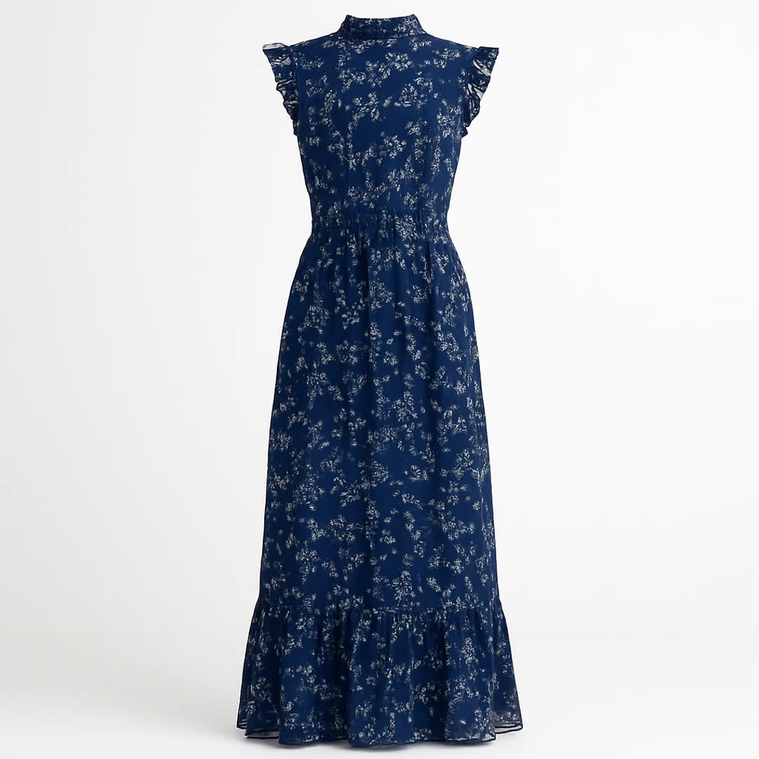 Floral Maxi Dress | Blue Floral, Chiffon, Smocked Waist | Flutter Sleeve, Ruffle
