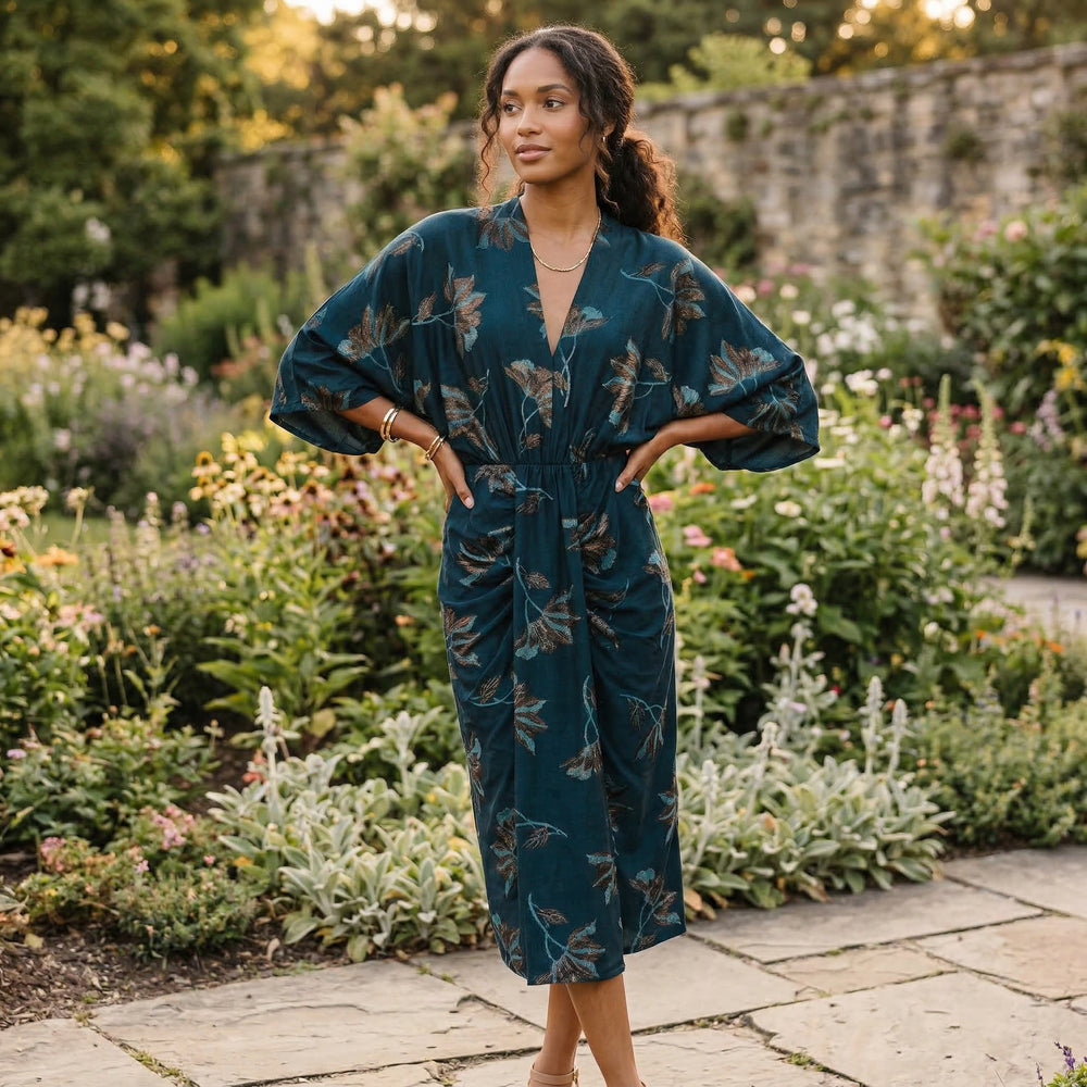 Floral Midi Dress | Jade Shimmer, Ruched Waist Knit | Stretch Fit Slit Dress