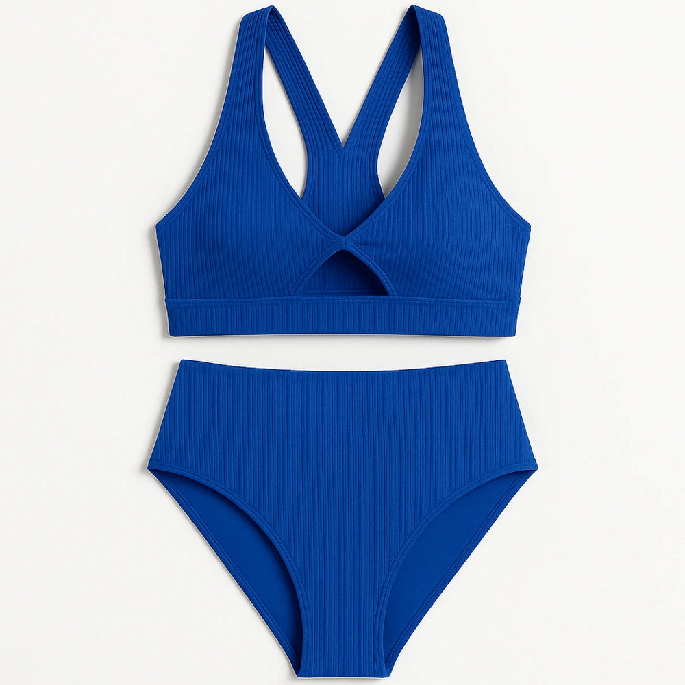 Ribbed Bikini Top | Blue Twist Keyhole Razorback Removable Padding Swimwear
