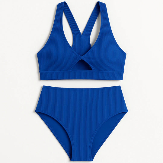 Ribbed Bikini Top | Blue Twist Keyhole Razorback Removable Padding Swimwear
