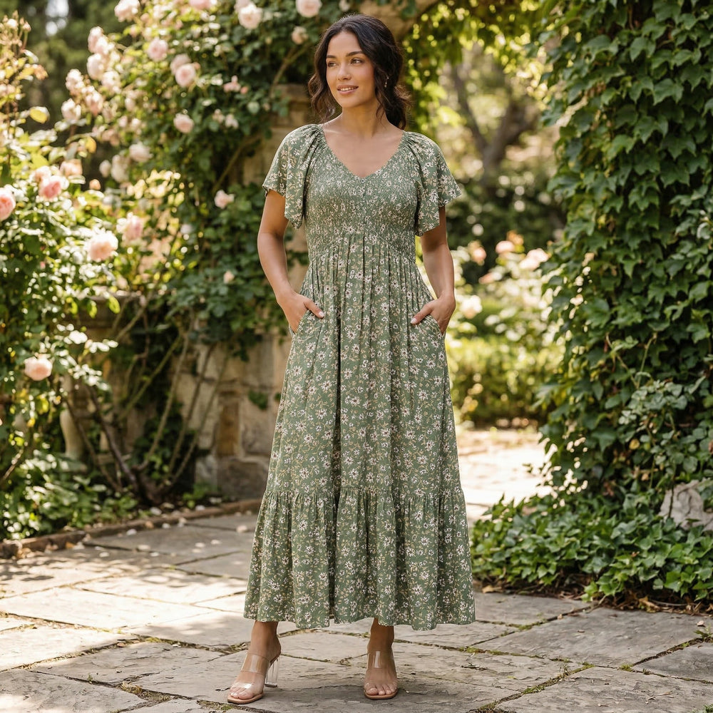 Floral Smocked Dress | Green Floral Rayon, Relaxed Fit | Flutter Sleeve Maxi