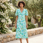 Floral Midi Dress | Blue Cotton V Neck Puff Sleeve Waist Tie Dress