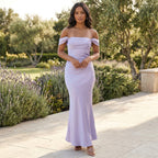 Off Shoulder Maxi Dress | Lilac Satin, Formal Evening Gown | Elegant Maxi Dress