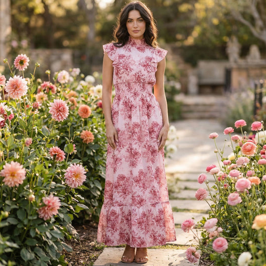 Maxi Dress | Pink Floral Smocked Waist | Chiffon Ruffle Flutter Sleeve
