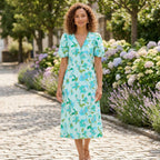 Floral Midi Dress | Blue Cotton V Neck Puff Sleeve Waist Tie Dress