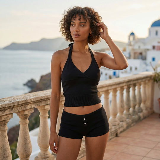Halter Top | Black Cloud Knit Acrylic Blend True To Size Travel Beach Fit