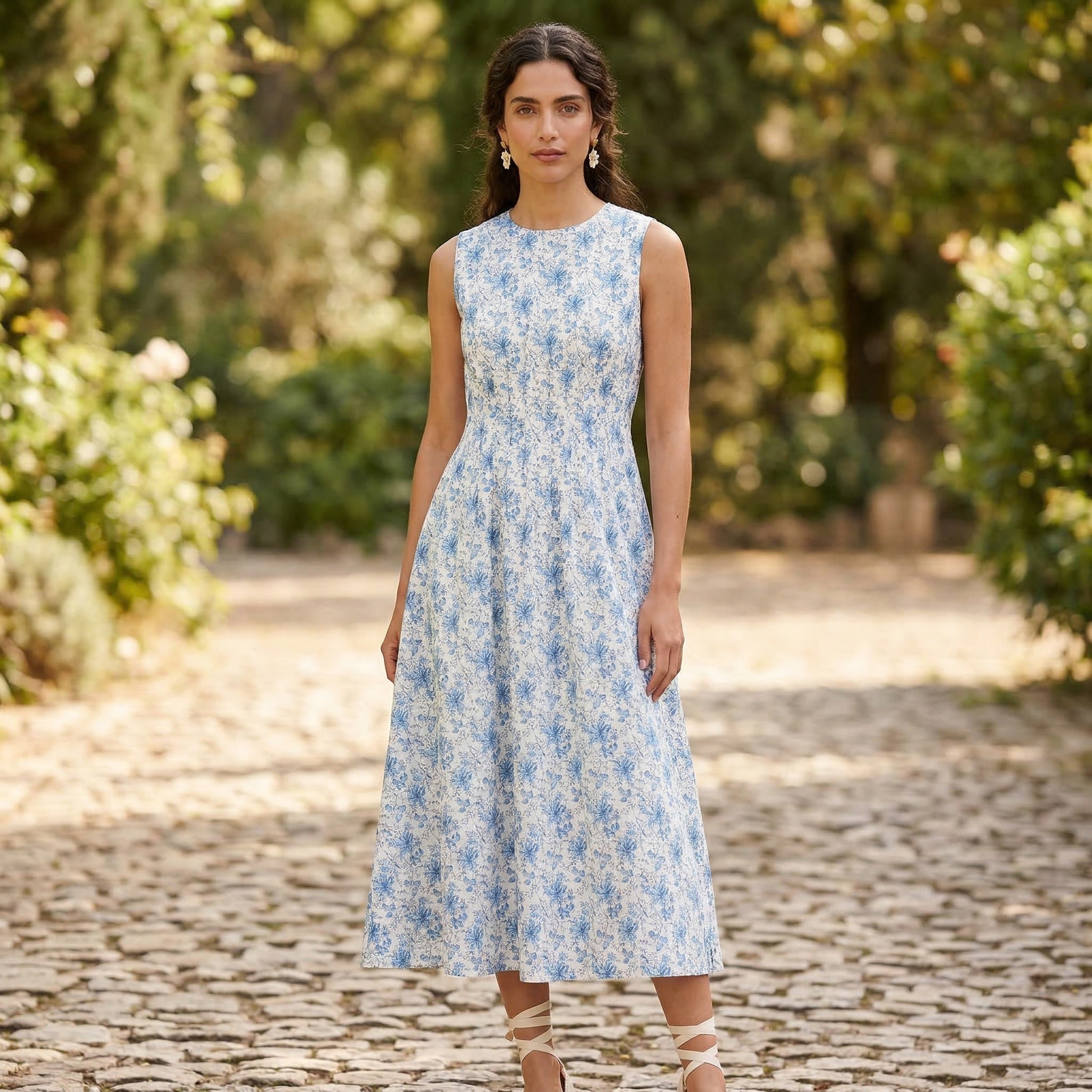 Floral Maxi Dress | Blue Toile High Neck Pintuck Waist Elegant Dress