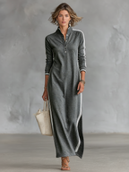 Women's maxi sweatshirt dress with button-down collar and white trim, minimalist relaxed fit
