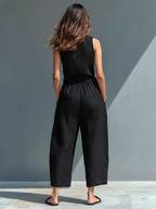 Women's linen jumpsuit sleeveless button-up stand collar loose fit